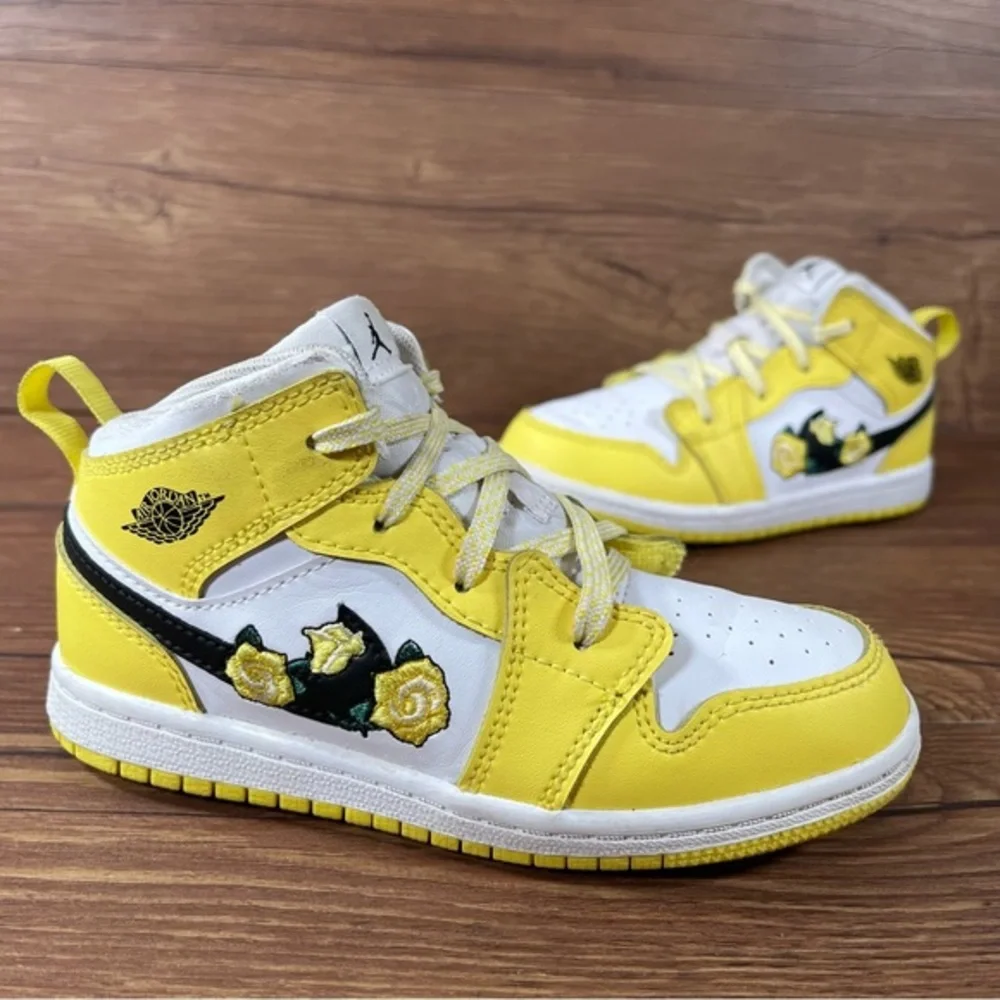Jordan 1 Mid Yellow Embroidered Rose Sneakers Shoes Size 10c